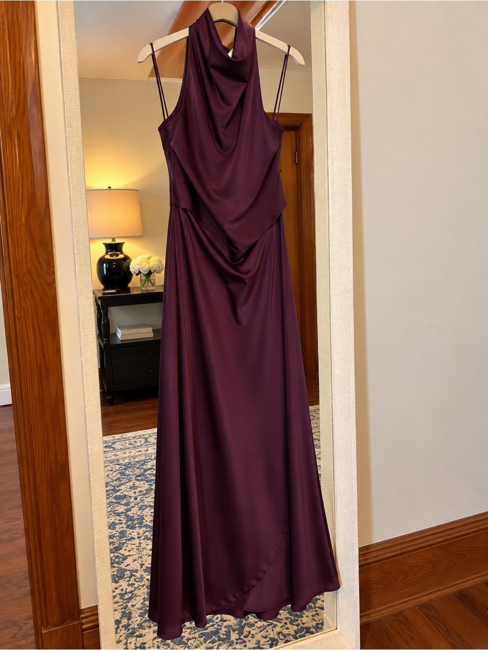 Aqua Plum Satin Halter Maxi Dress